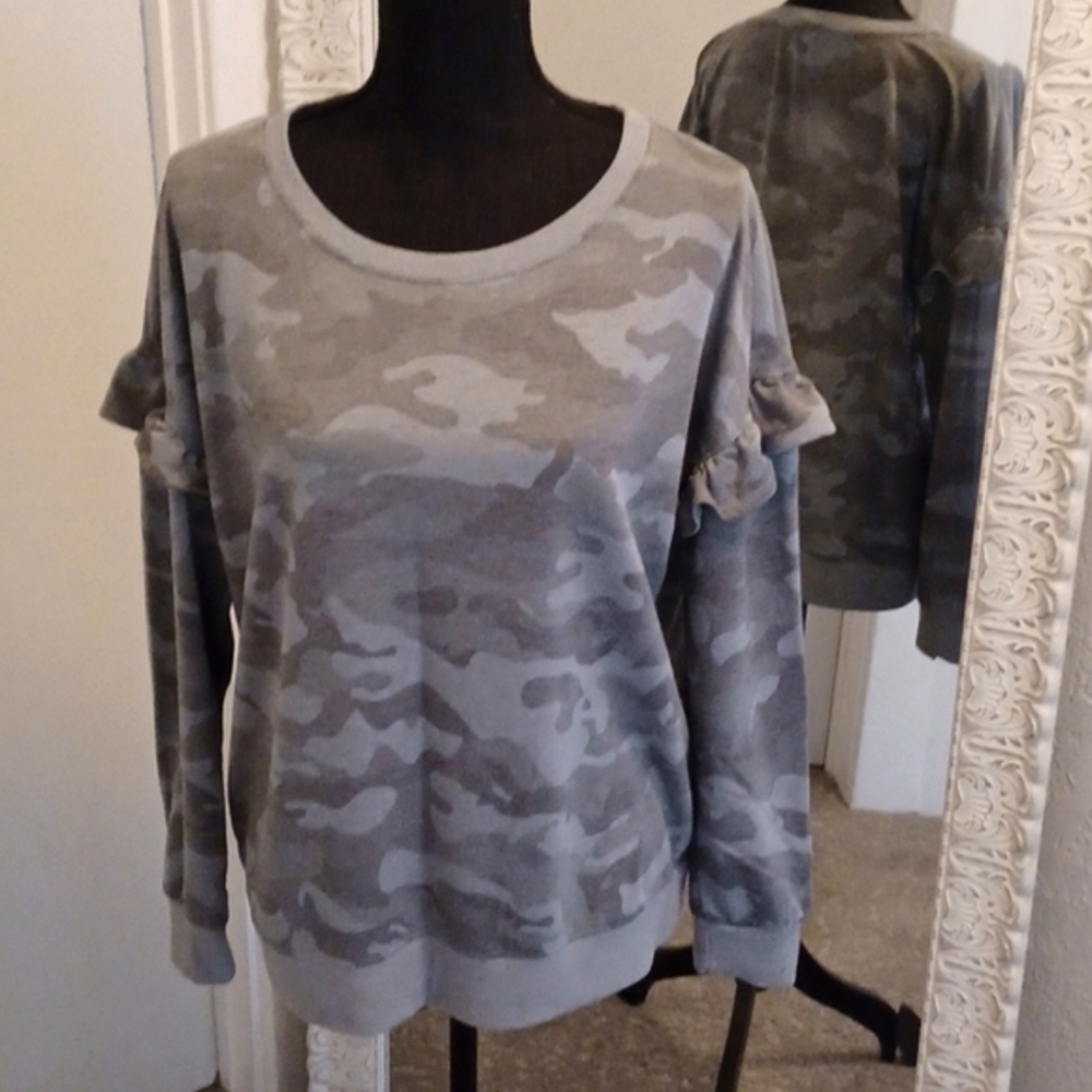 June and Delancey Blue Camo Sweatshirt with Ruffle Sleeves